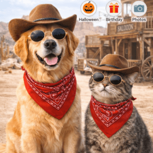 Pet Cowboy Costume Set – Hat and Bandana for Dogs and Cats | Funny Western Party Outfit